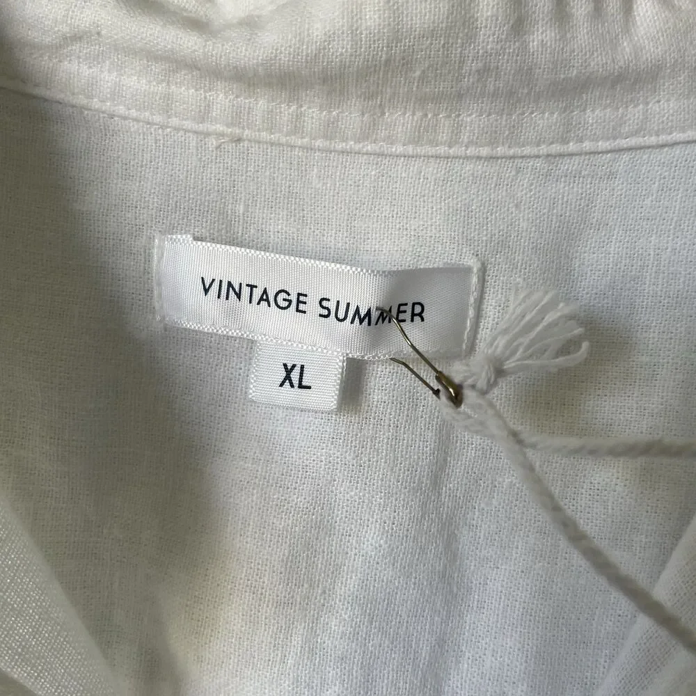 Vintage Summer Linen Blend Button Down Shirt Top Short Sleeves White Men's XL